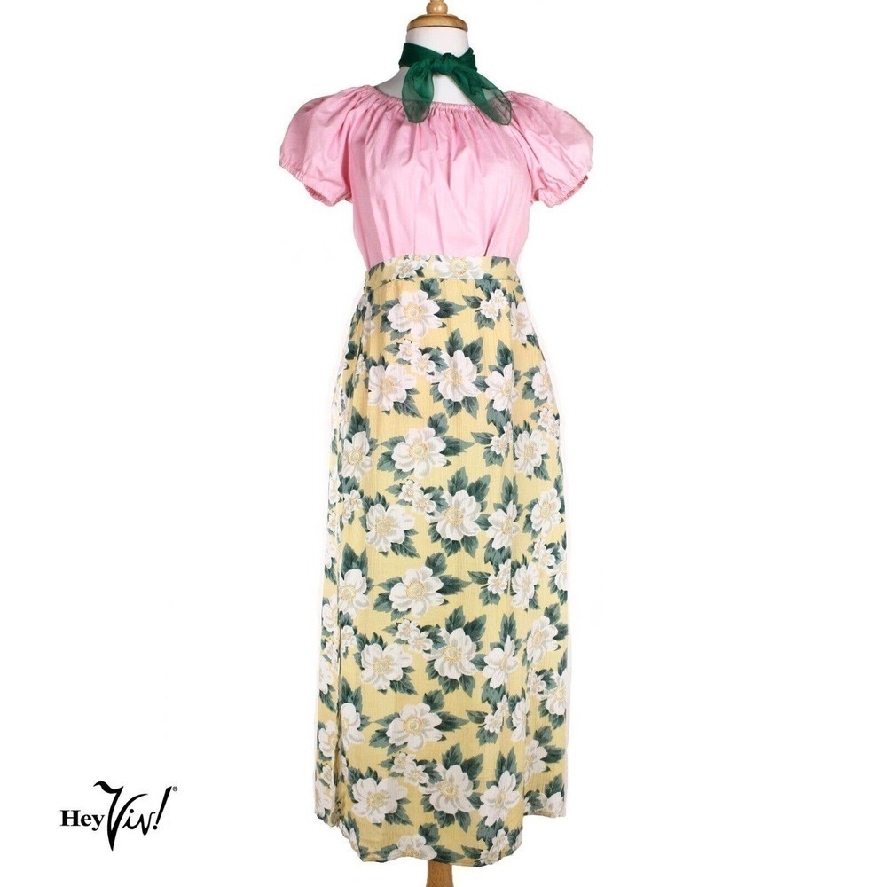 Vintage Yellow Floral Rayon Skirt 34" Long with Side Slits Size Medium - Hey Viv